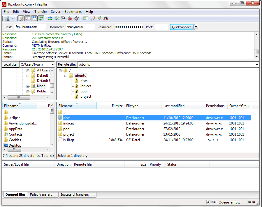 Интерфейс клиента FileZilla.